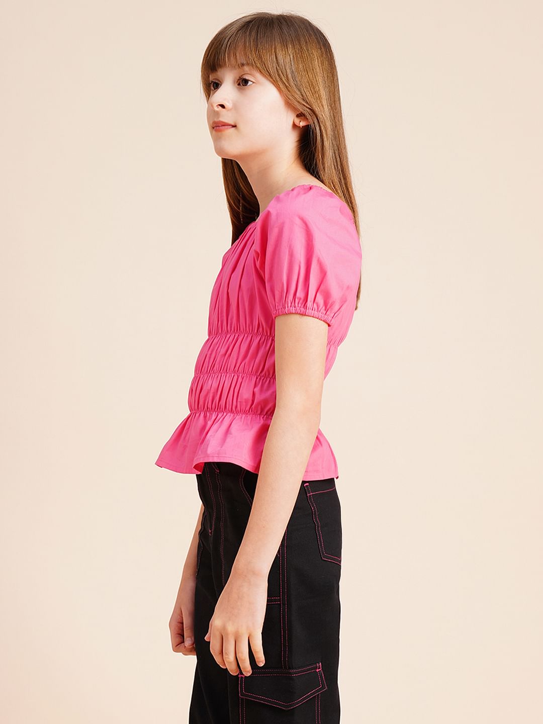 Girls Pink Smocked Peplum Top