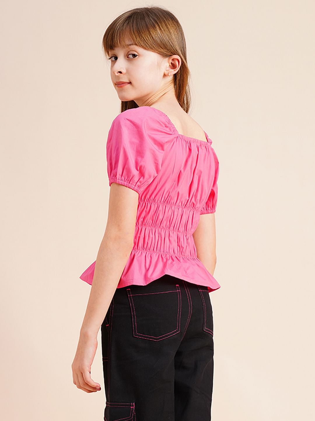 Girls Pink Smocked Peplum Top