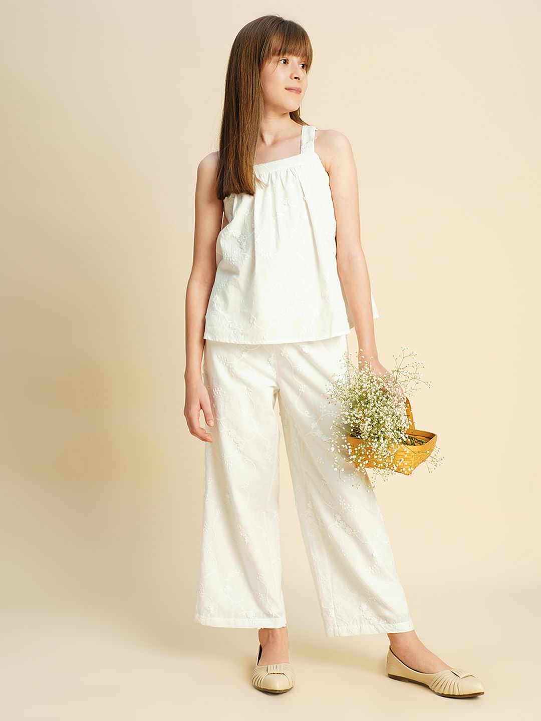 Girls White 3D Schiffli Co-Ord Set Top