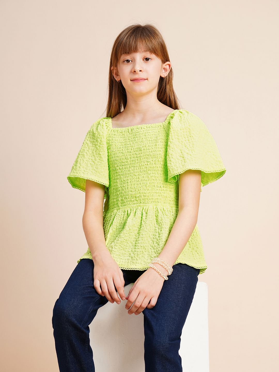 Girls Green Smocked Peplum Top