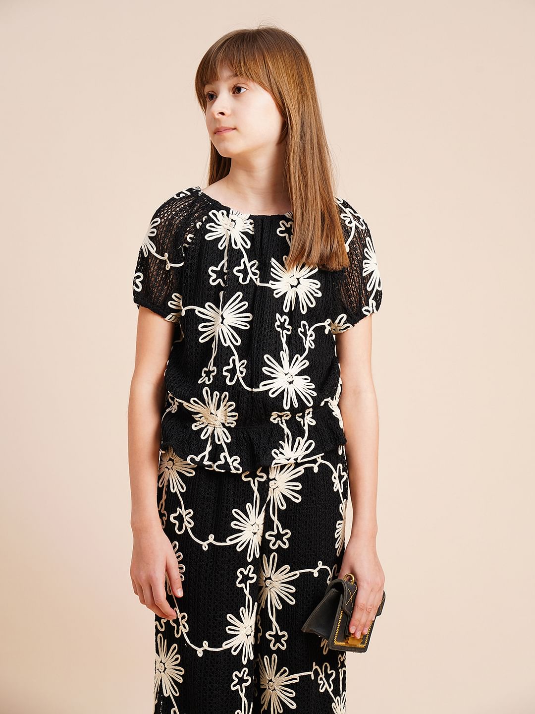 Girls Black Embroidered Co-Ord Set Top