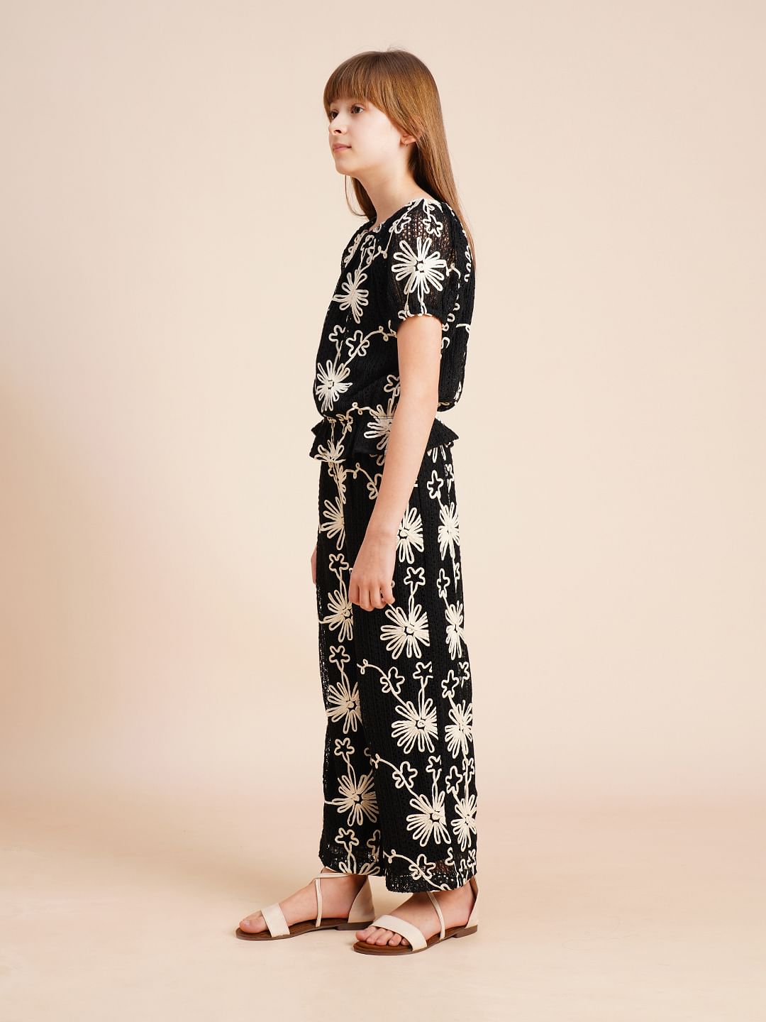 Girls Black Embroidered Co-Ord Set Top