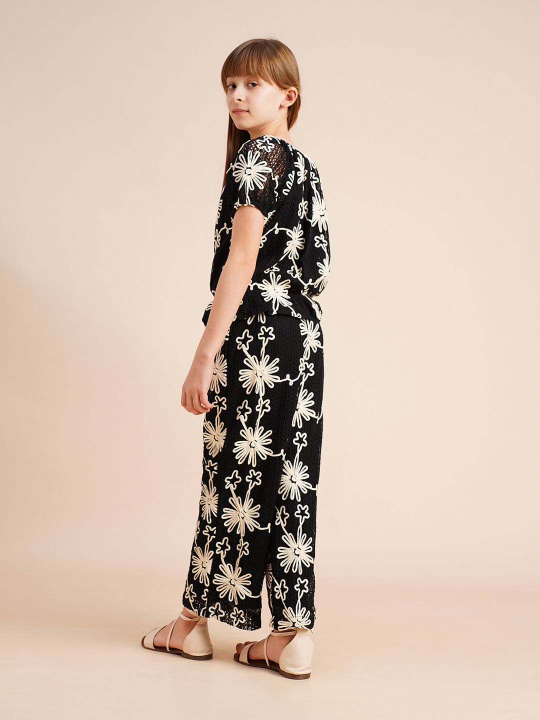 Girls Black Embroidered Co-Ord Set Top