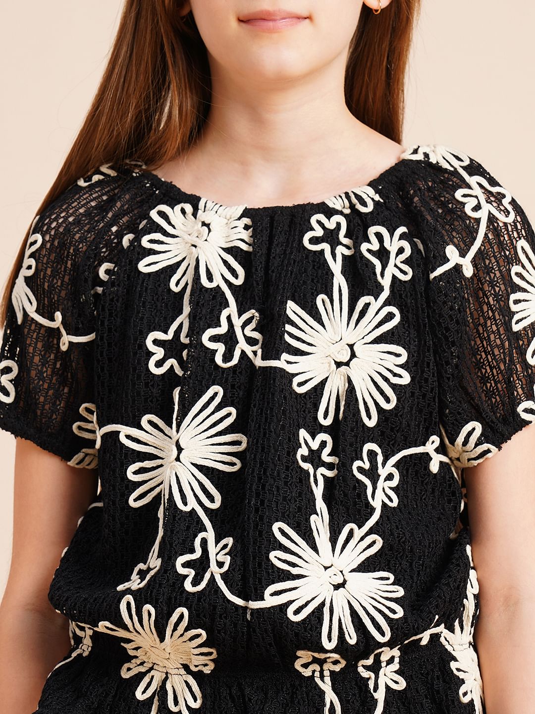 Girls Black Embroidered Co-Ord Set Top