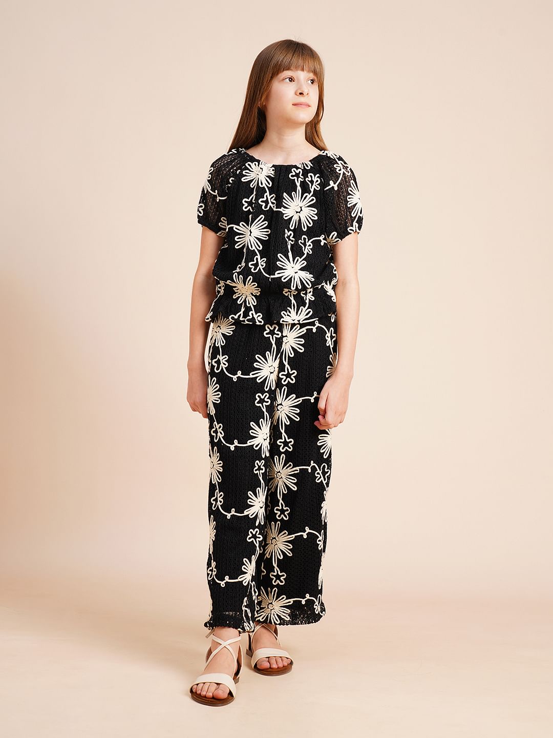 Girls Black Embroidered Co-Ord Set Top