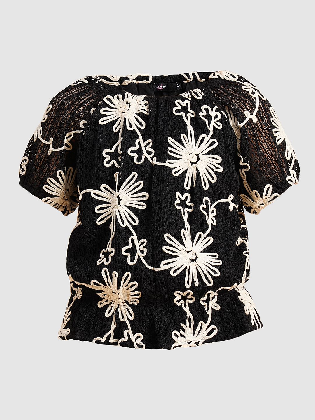 Girls Black Embroidered Co-Ord Set Top