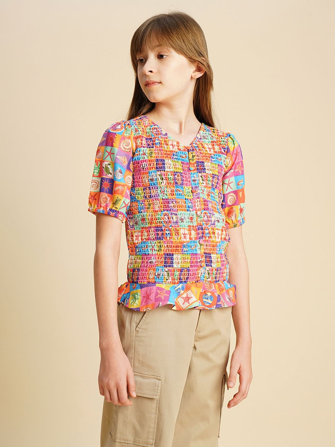 Girls Multi-Colour Printed Smock Top