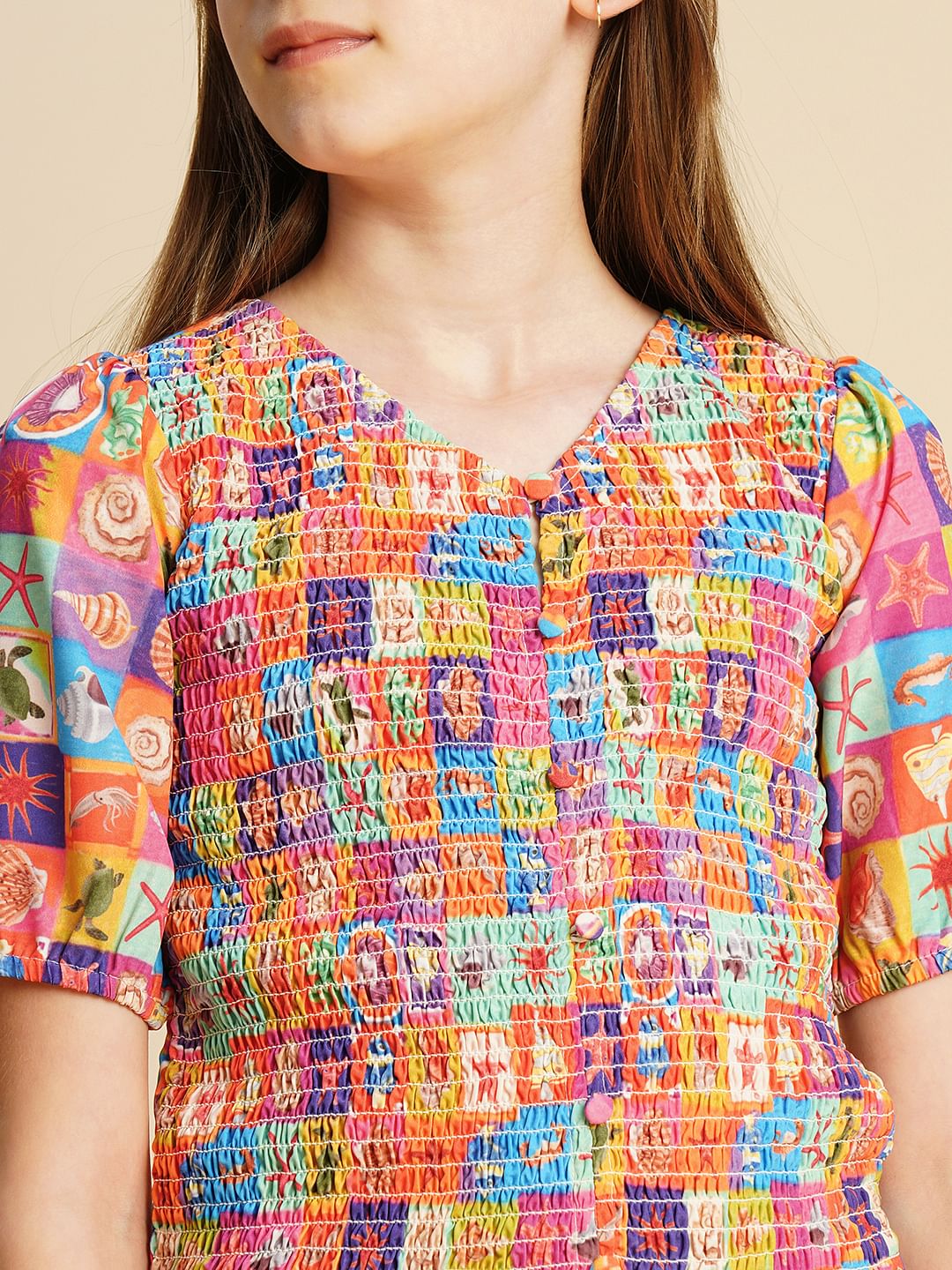 Girls Multi-Colour Printed Smock Top