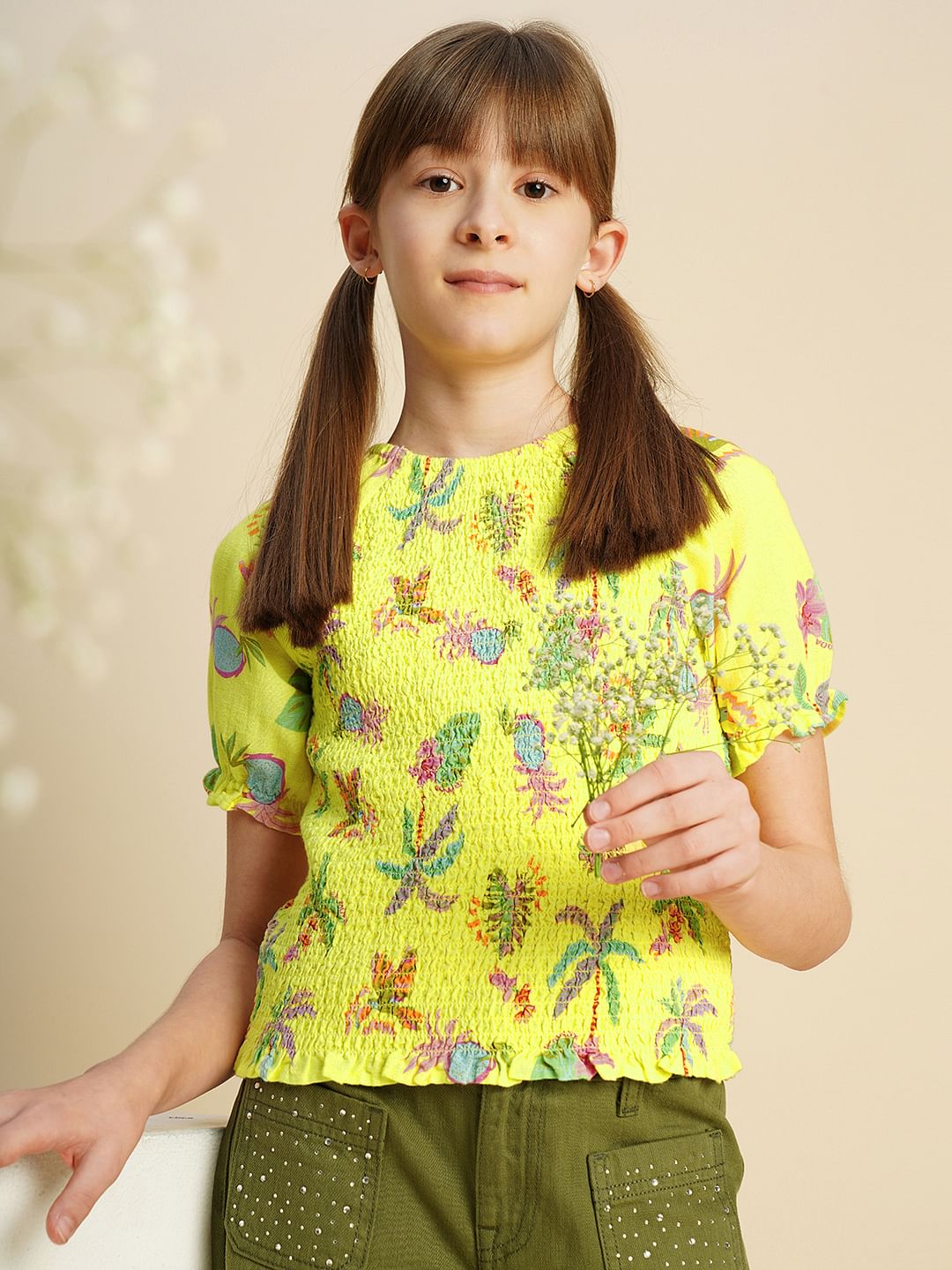 Girls Yellow Pineapple Print Smock Top