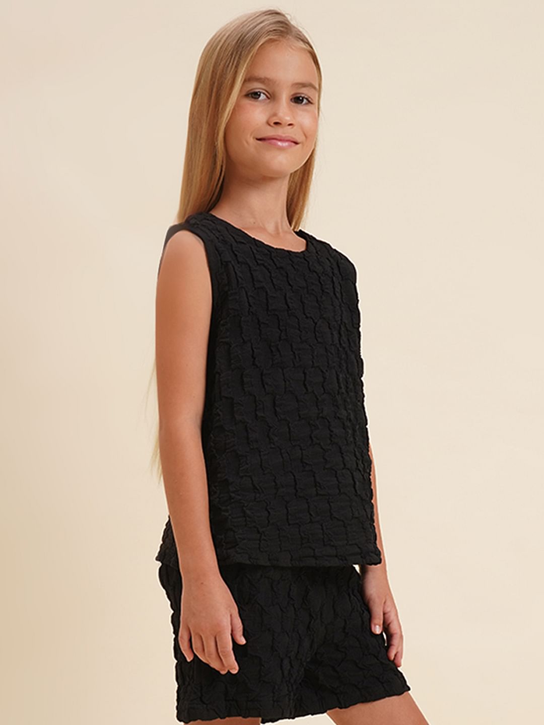 Girls Black Textured Co-Ord Set Top