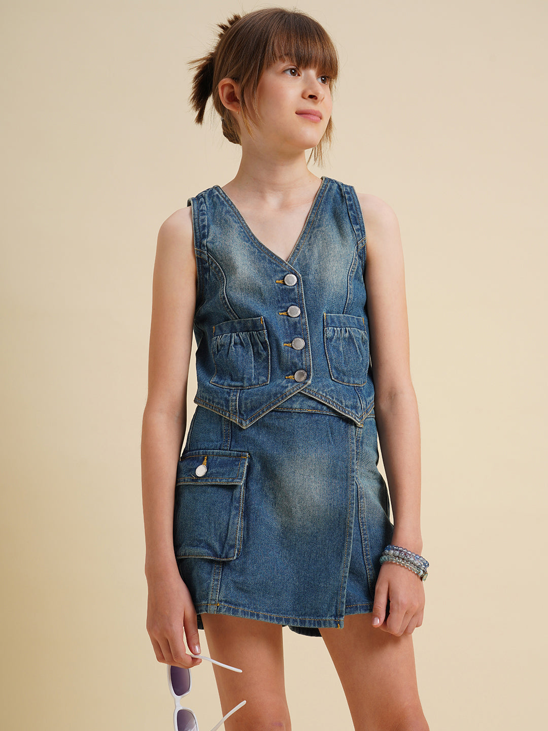 Girls Blue Cotton Denim Waistcoat