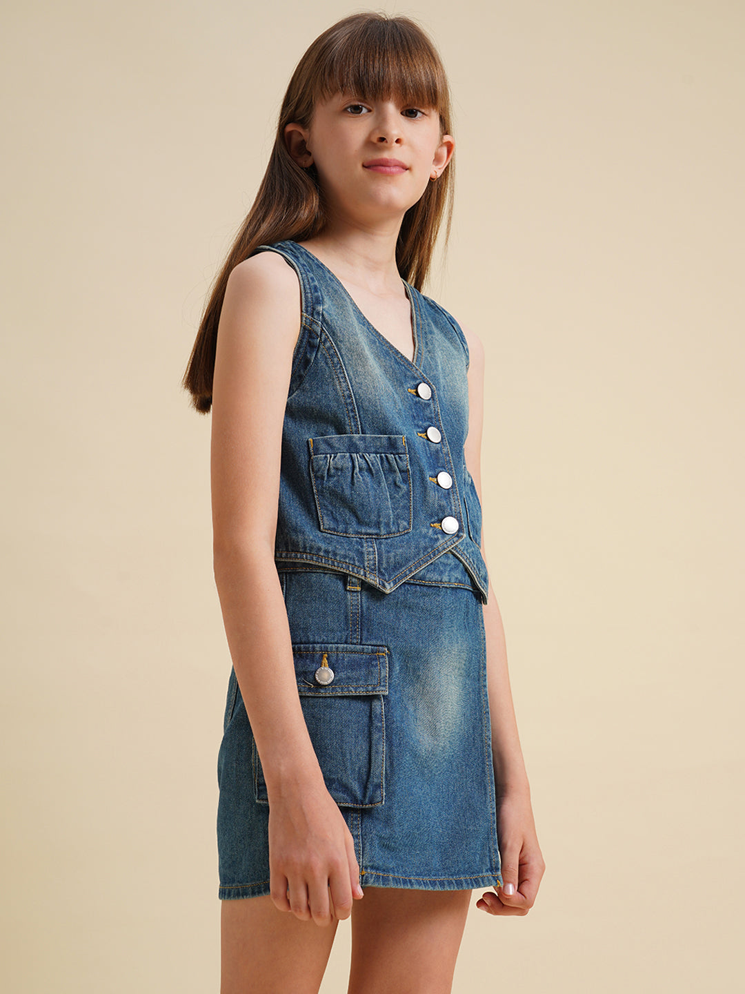 Girls Blue Cotton Denim Waistcoat