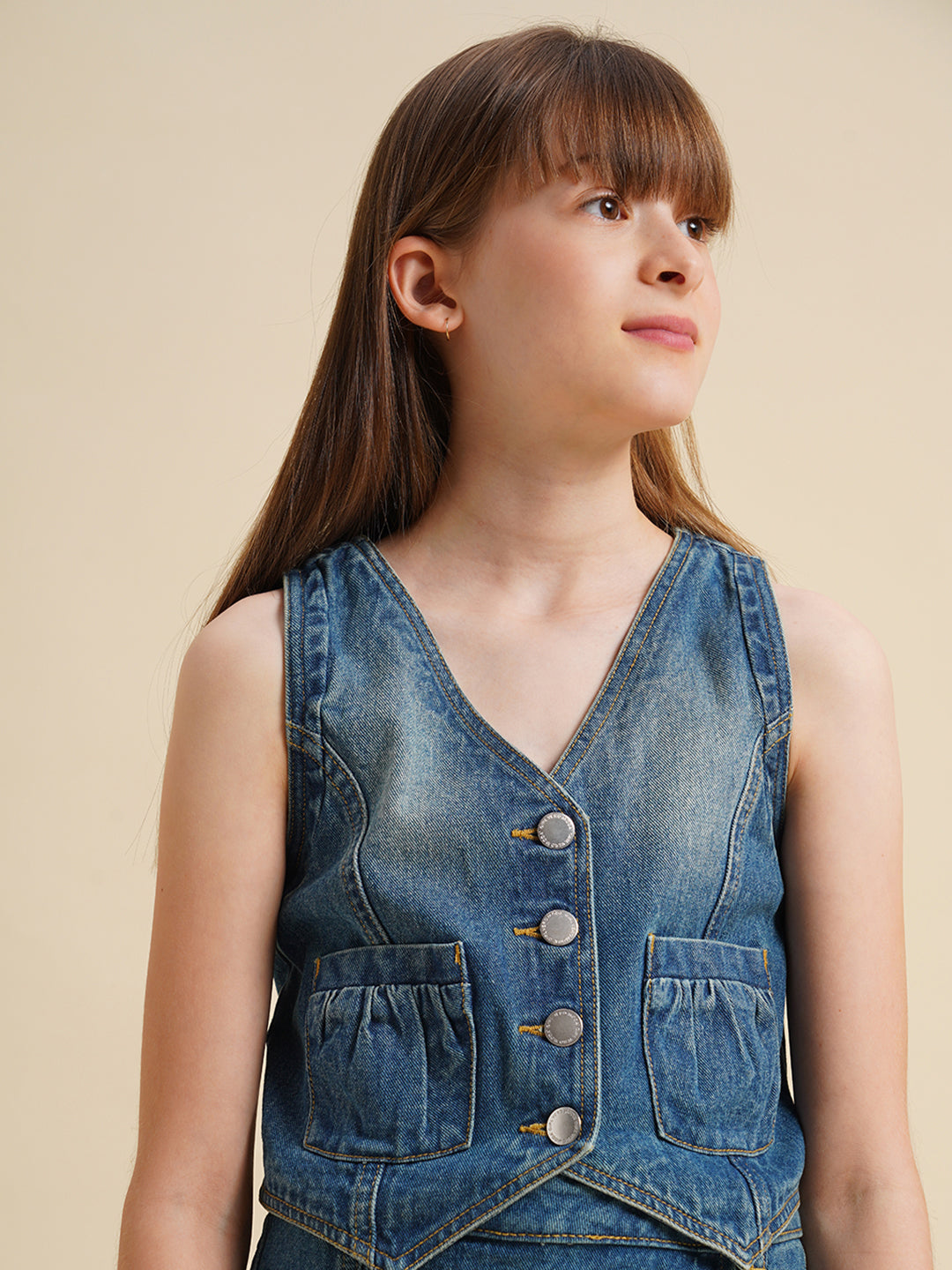 Girls Blue Cotton Denim Waistcoat