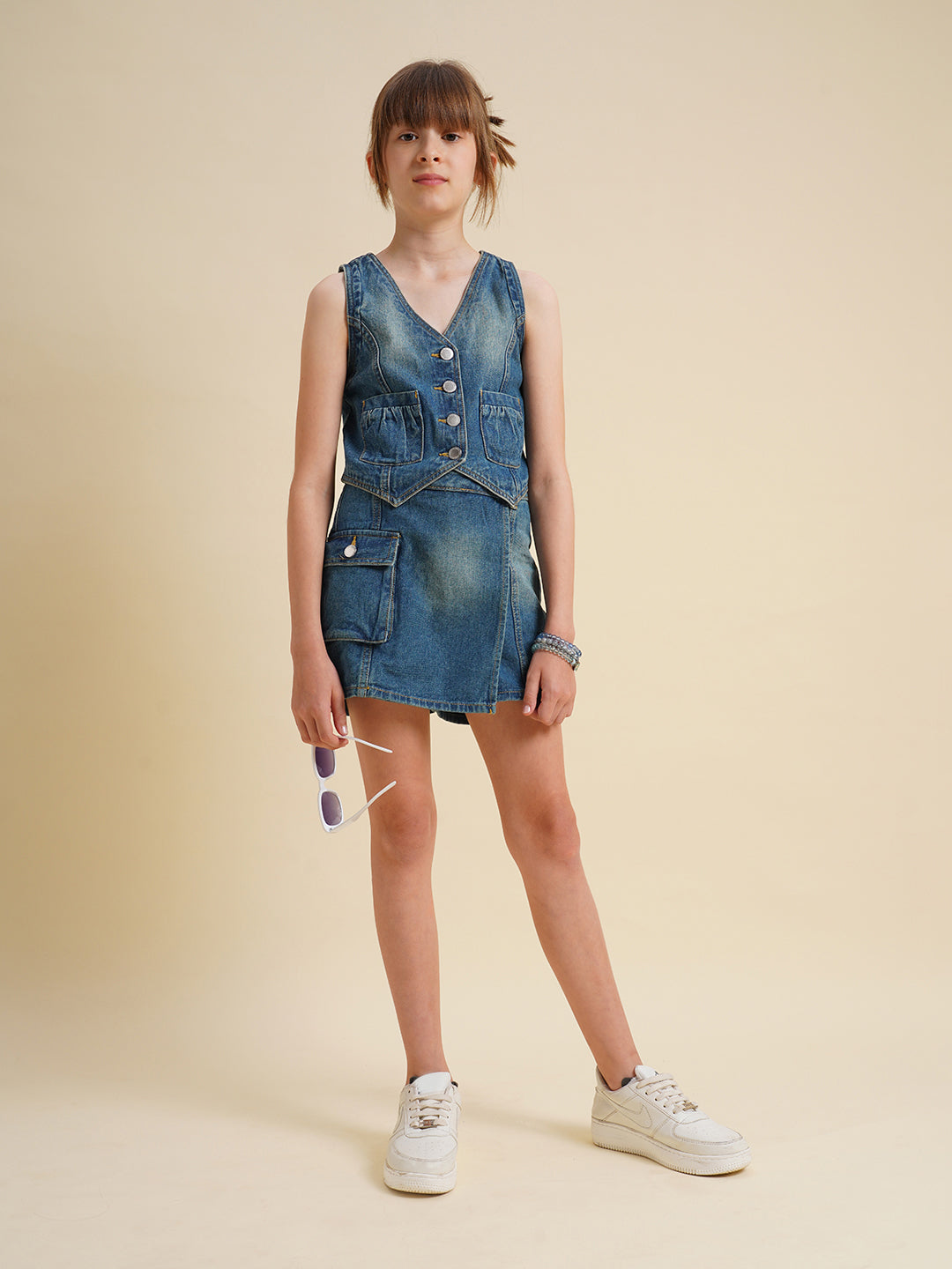 Girls Blue Cotton Denim Waistcoat