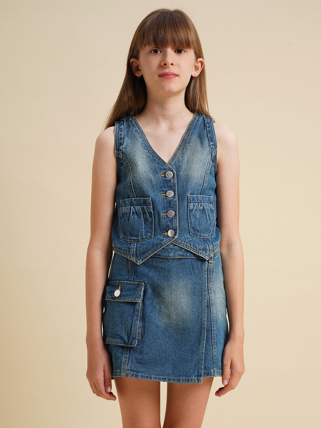 Girls Blue Cotton Denim Waistcoat