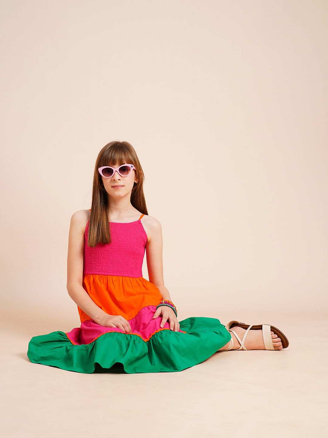 Girls Pink Colourblocked Tiered Dress