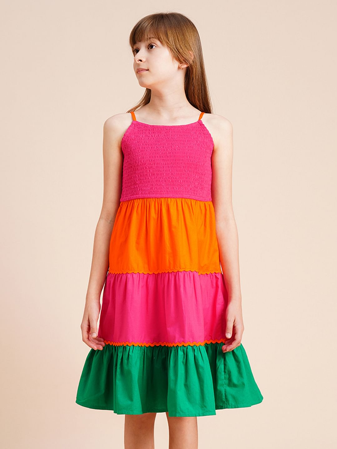 Girls Pink Colourblocked Tiered Dress