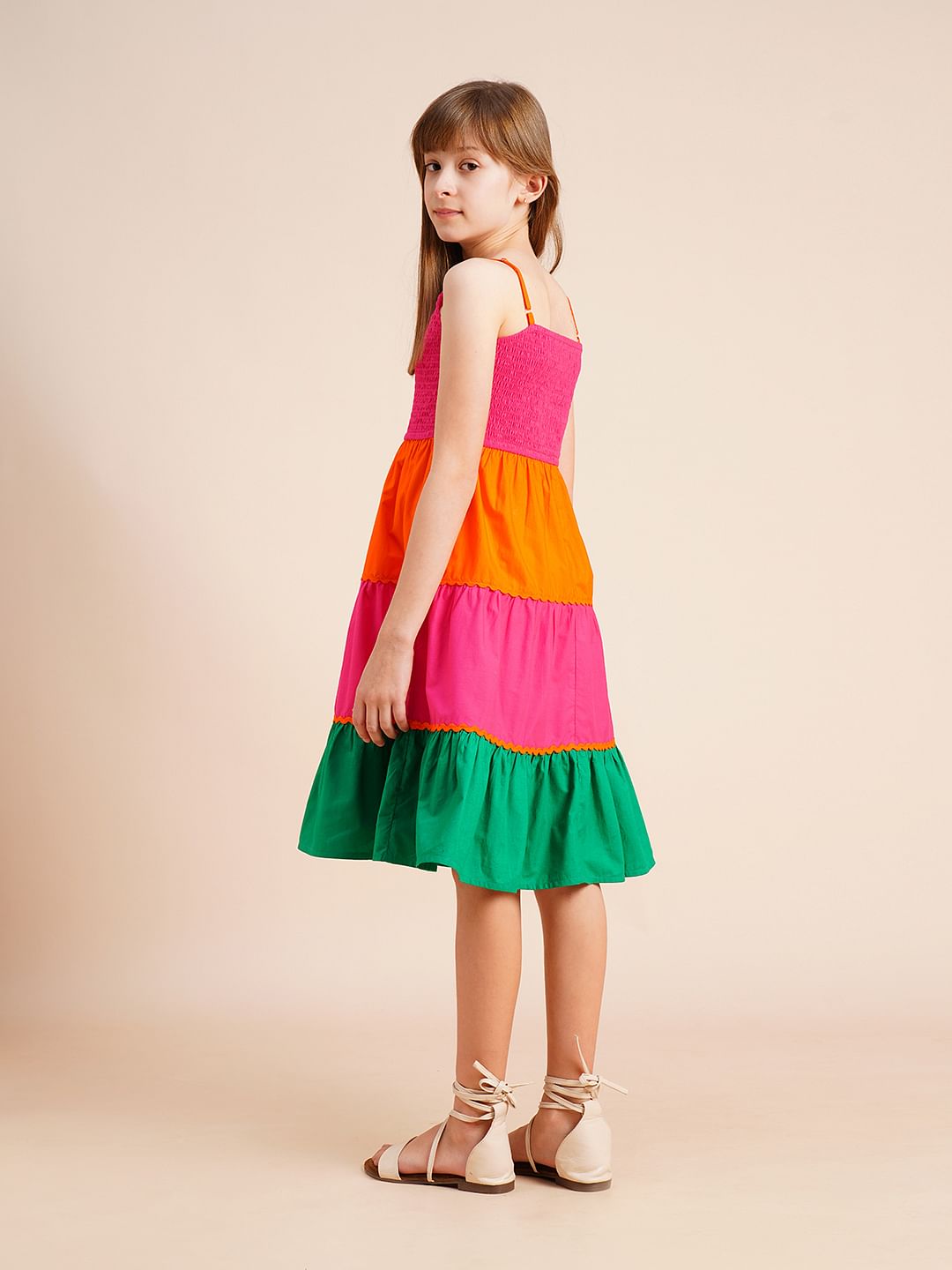 Girls Pink Colourblocked Tiered Dress