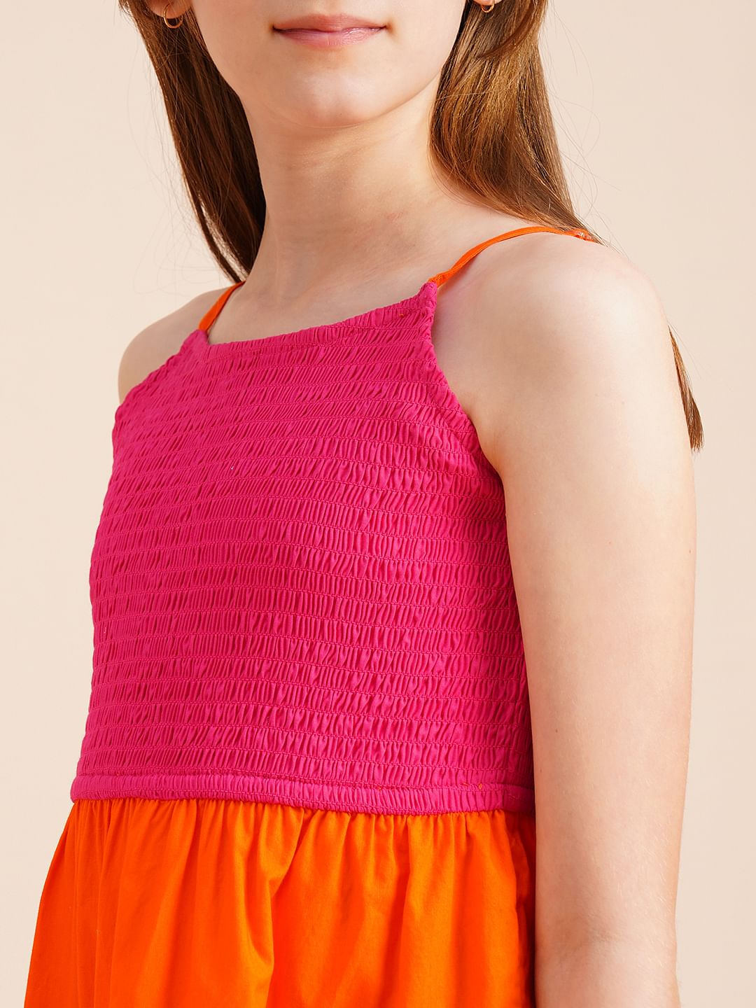 Girls Pink Colourblocked Tiered Dress