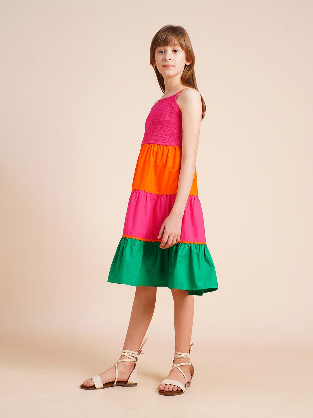 Girls Pink Colourblocked Tiered Dress