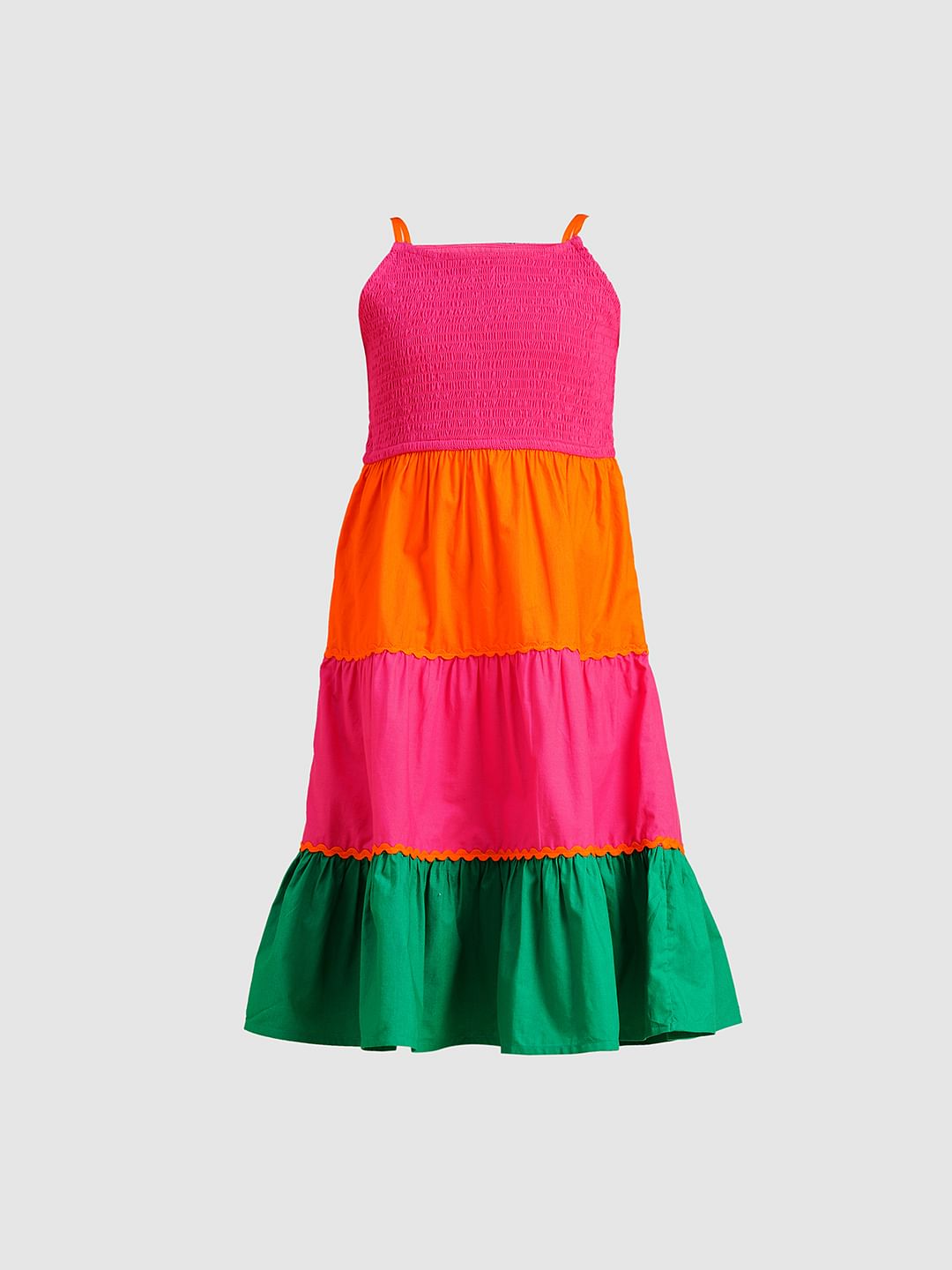 Girls Pink Colourblocked Tiered Dress