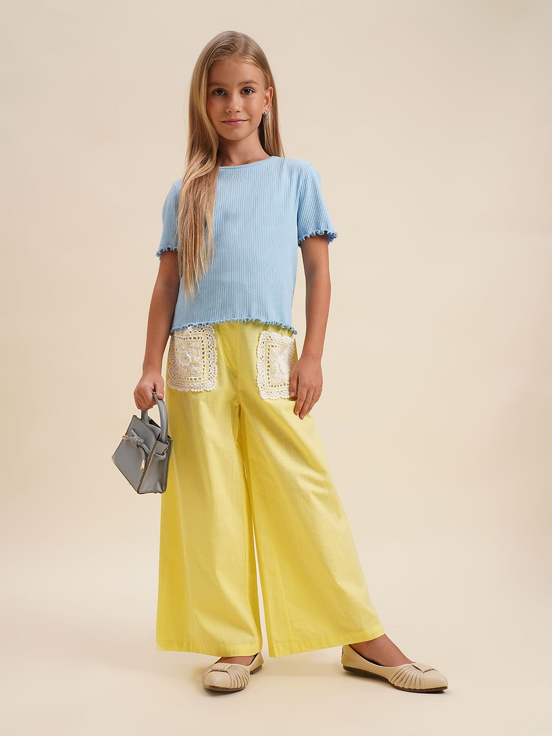 Girls Yellow Embroidered Pocket Wide Leg Pants