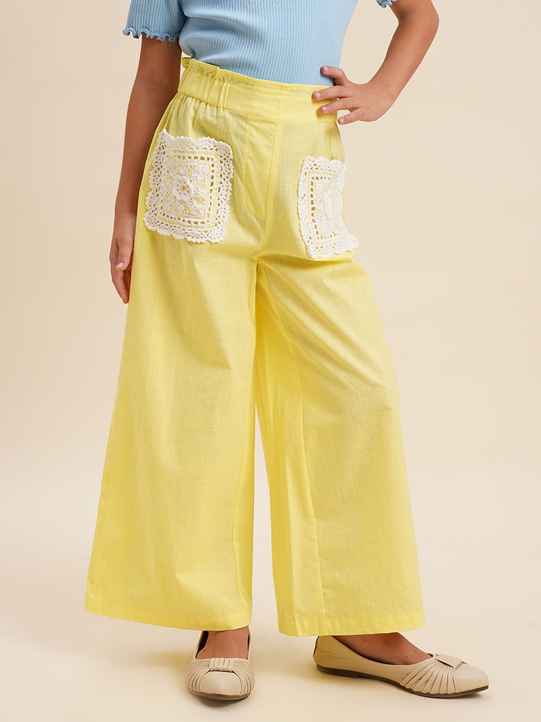 Girls Yellow Embroidered Pocket Wide Leg Pants