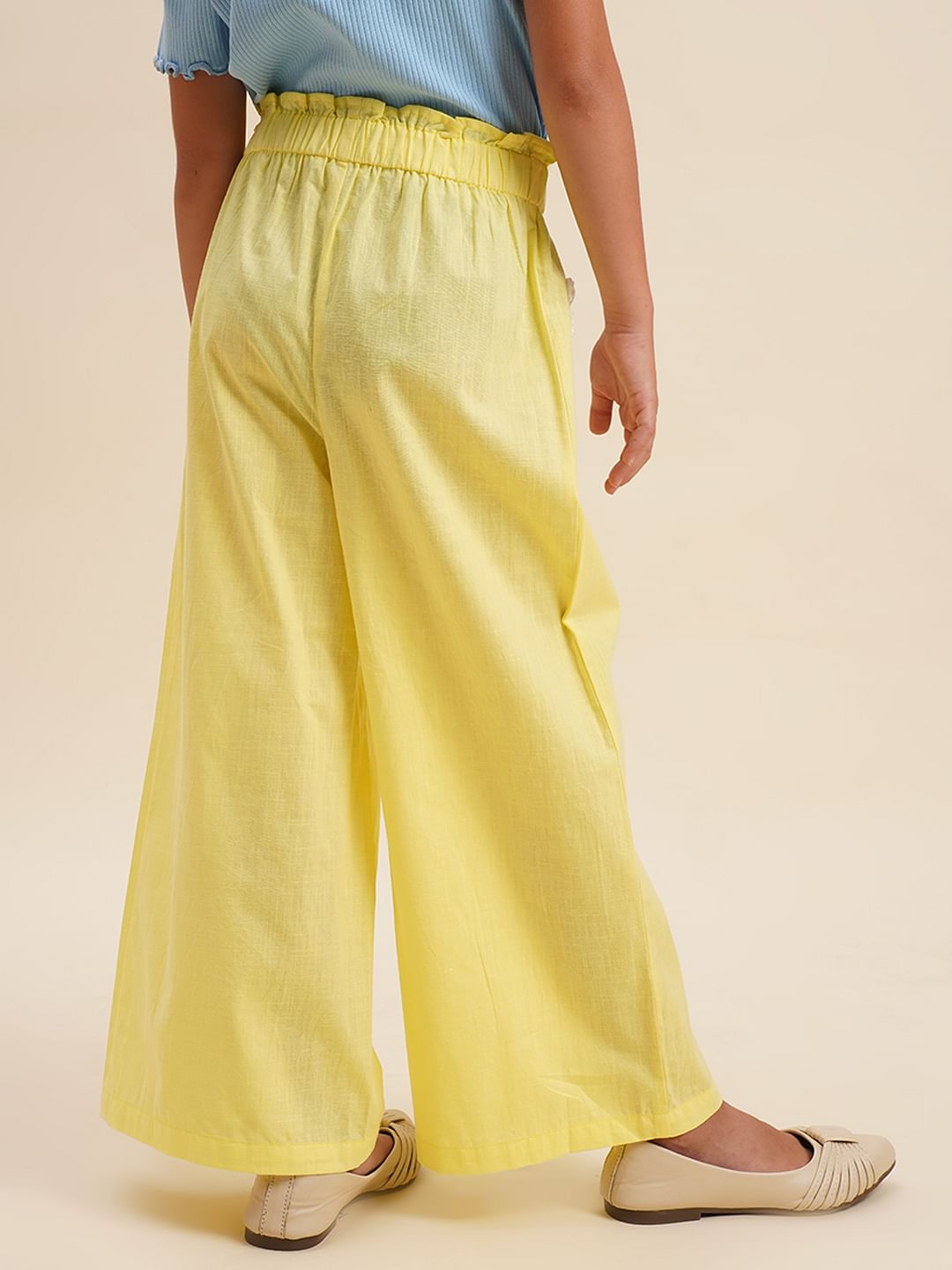 Girls Yellow Embroidered Pocket Wide Leg Pants