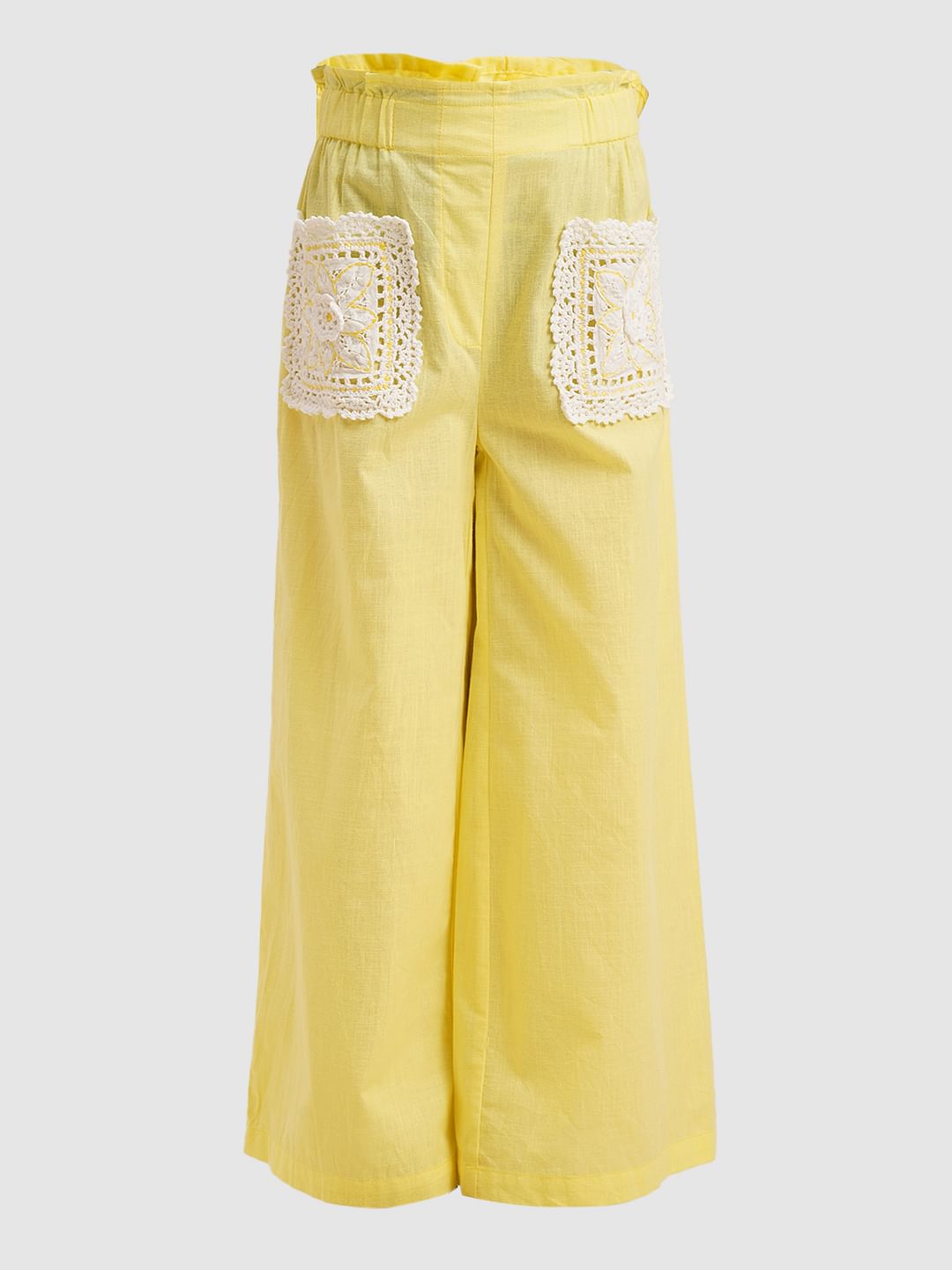 Girls Yellow Embroidered Pocket Wide Leg Pants
