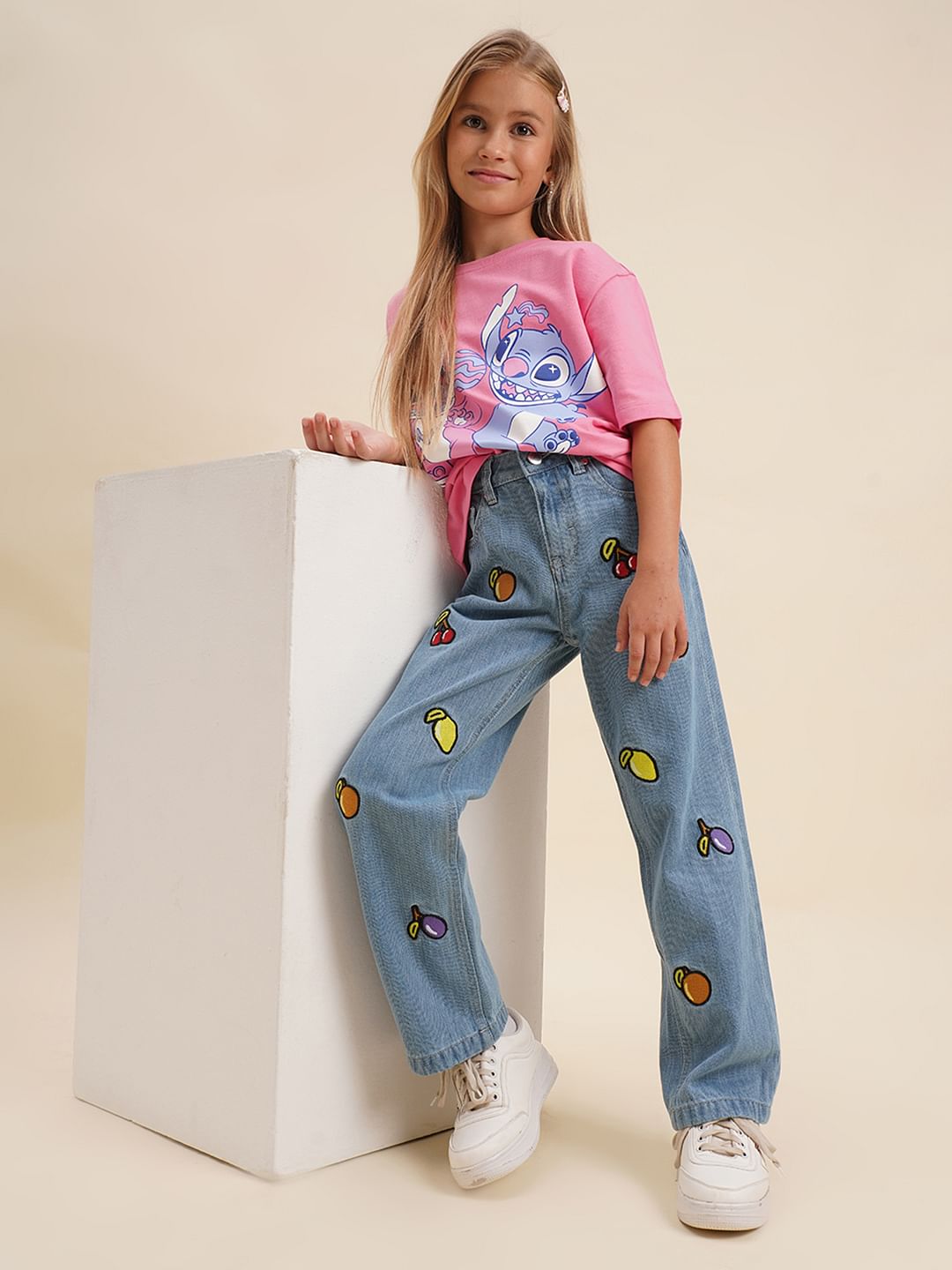 Girls Blue Fruits Print Wide Leg Jeans