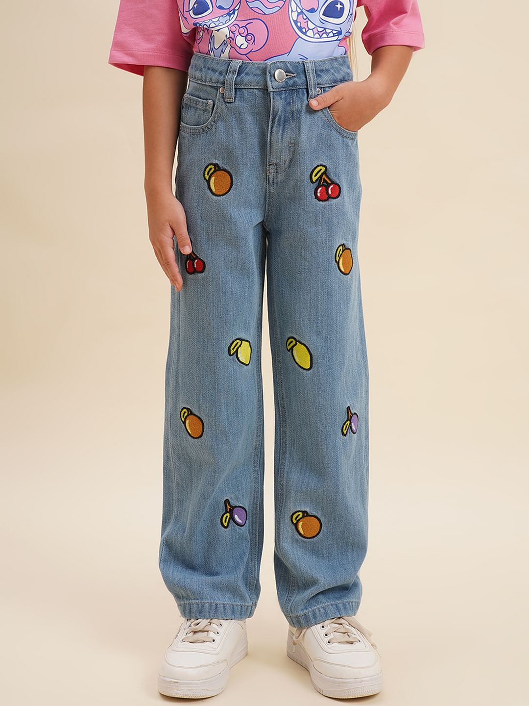 Girls Blue Fruits Print Wide Leg Jeans
