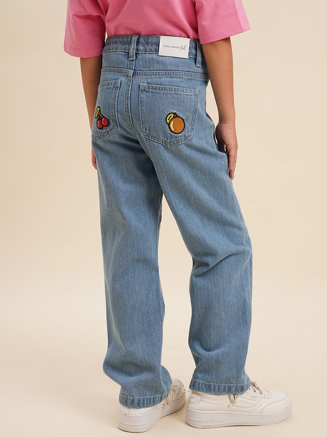 Girls Blue Fruits Print Wide Leg Jeans