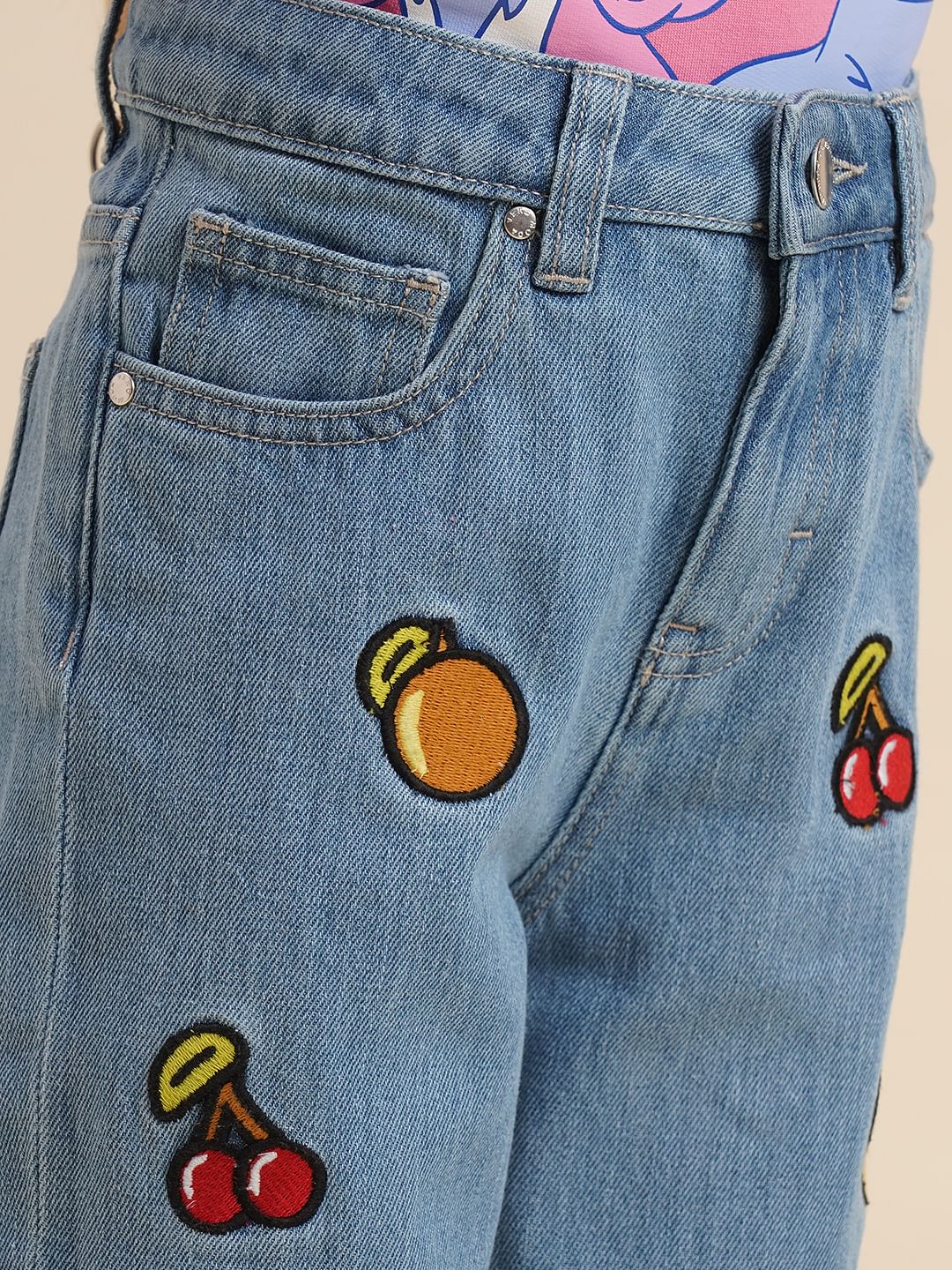 Girls Blue Fruits Print Wide Leg Jeans