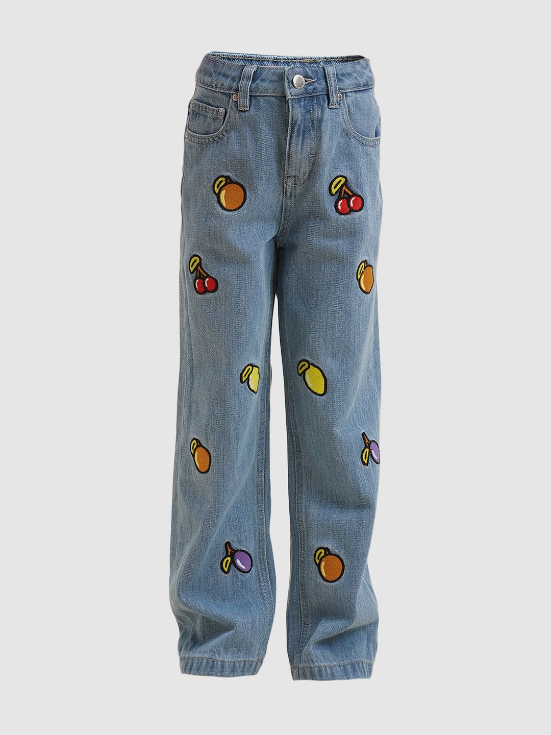 Girls Blue Fruits Print Wide Leg Jeans