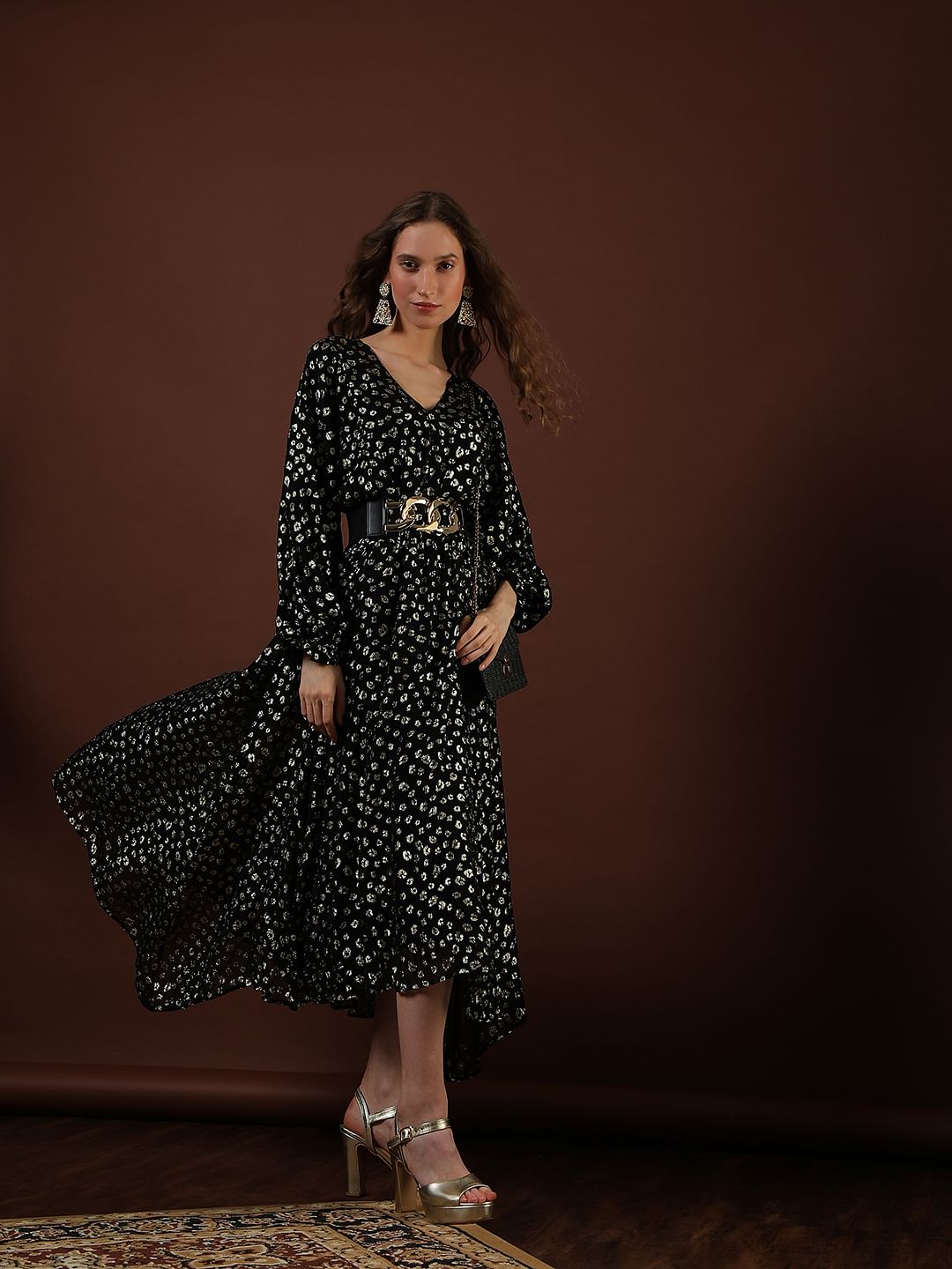 Black Metallic Lurex Midi Dress