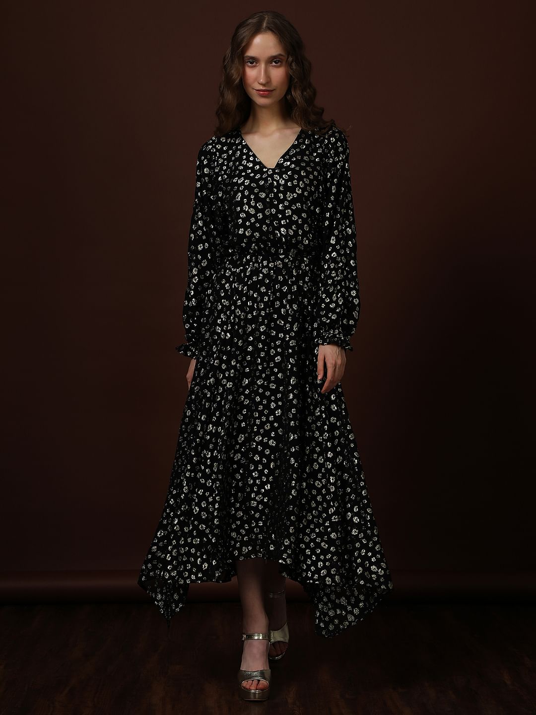 Black Metallic Lurex Midi Dress