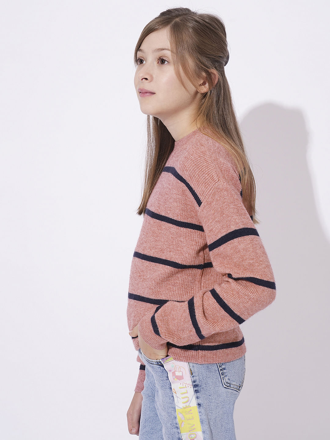 Girls Pink Vertical Striped Pullover