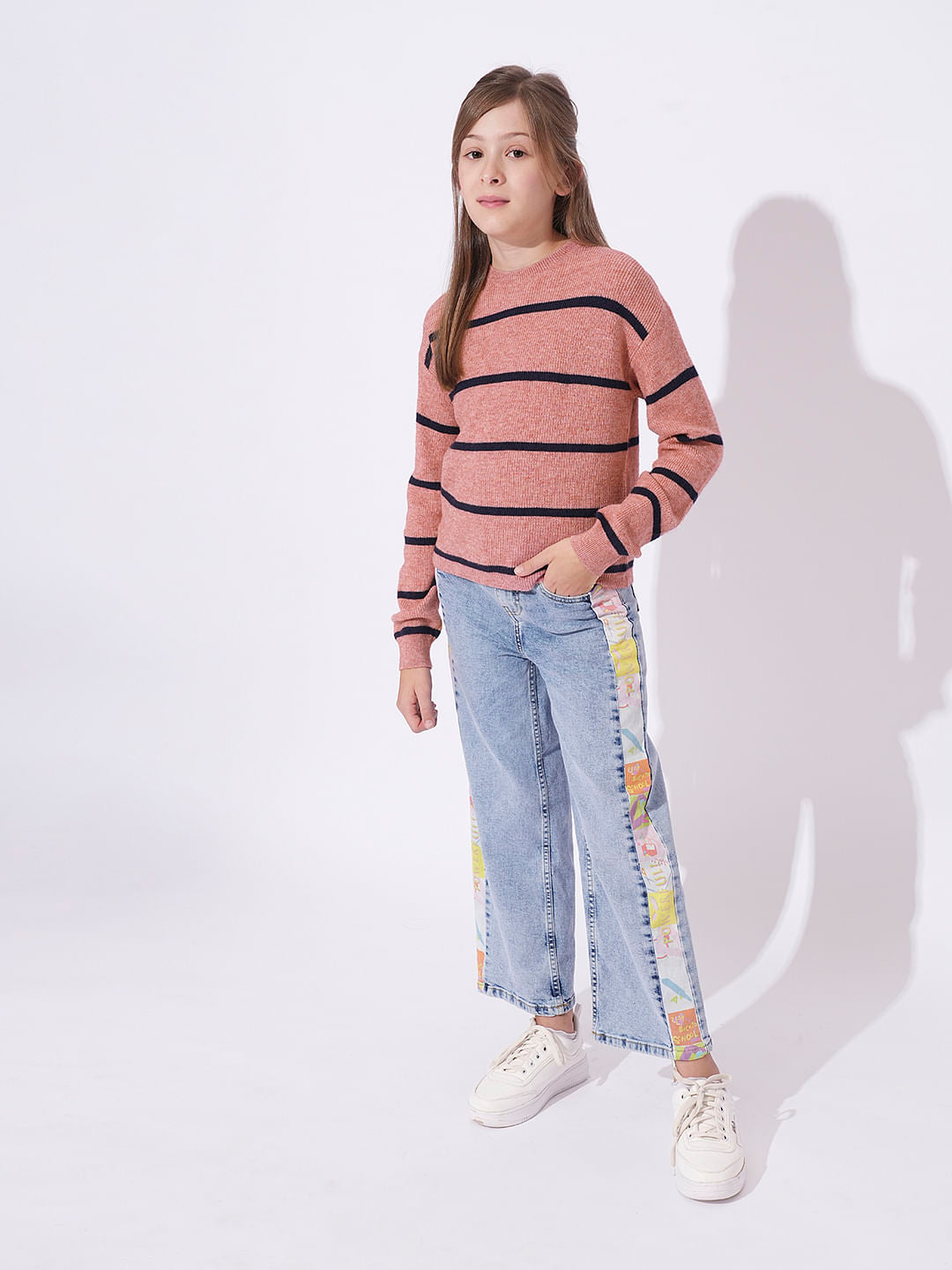 Girls Pink Vertical Striped Pullover