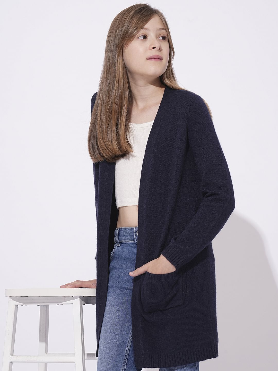 Girls Dark Blue Long Cardigan