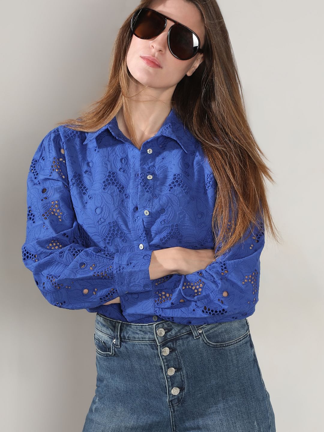Blue Schiffli Cotton Shirt