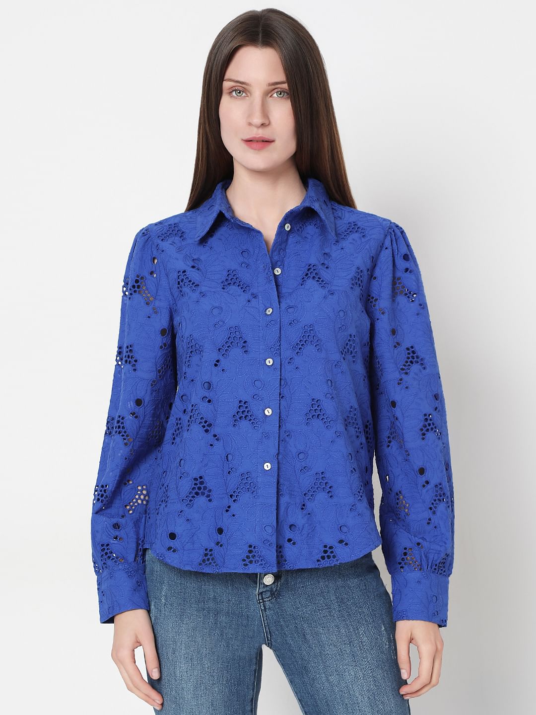 Blue Schiffli Cotton Shirt