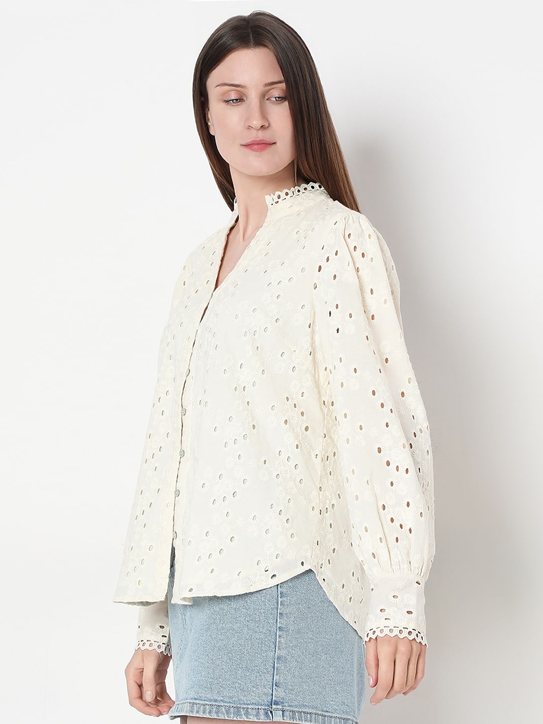 Off-White Cotton Cut-Work Shirt