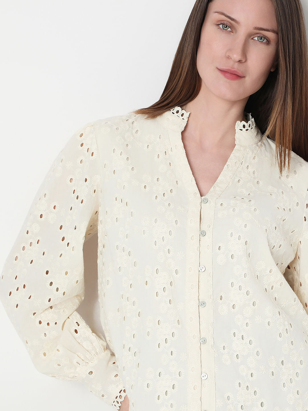 Off-White Cotton Cut-Work Shirt