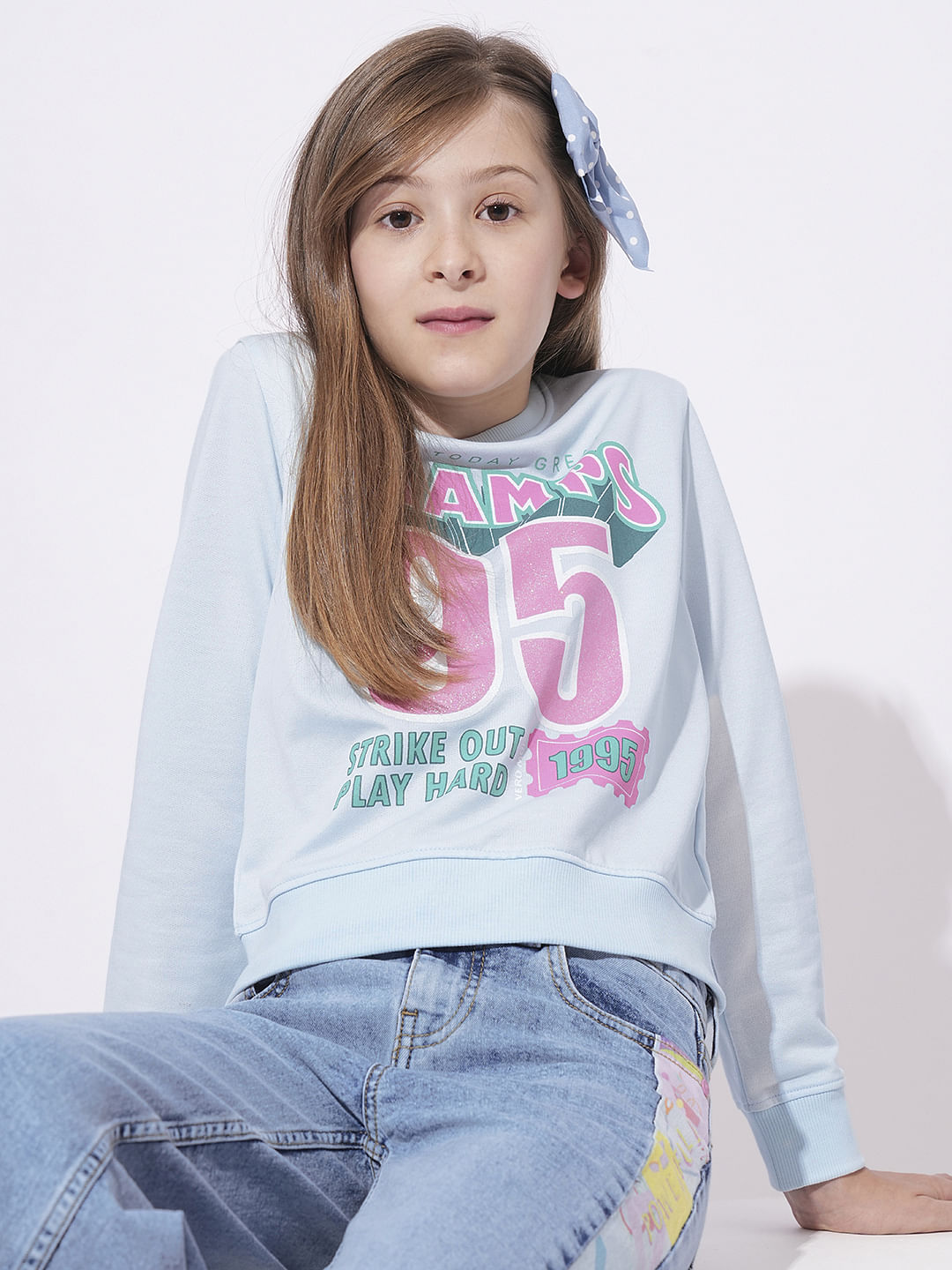 Girls Blue Printed Sweatshirt