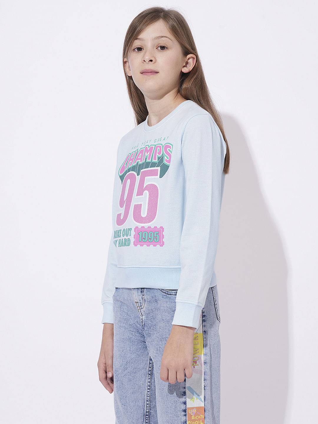 Girls Blue Printed Sweatshirt