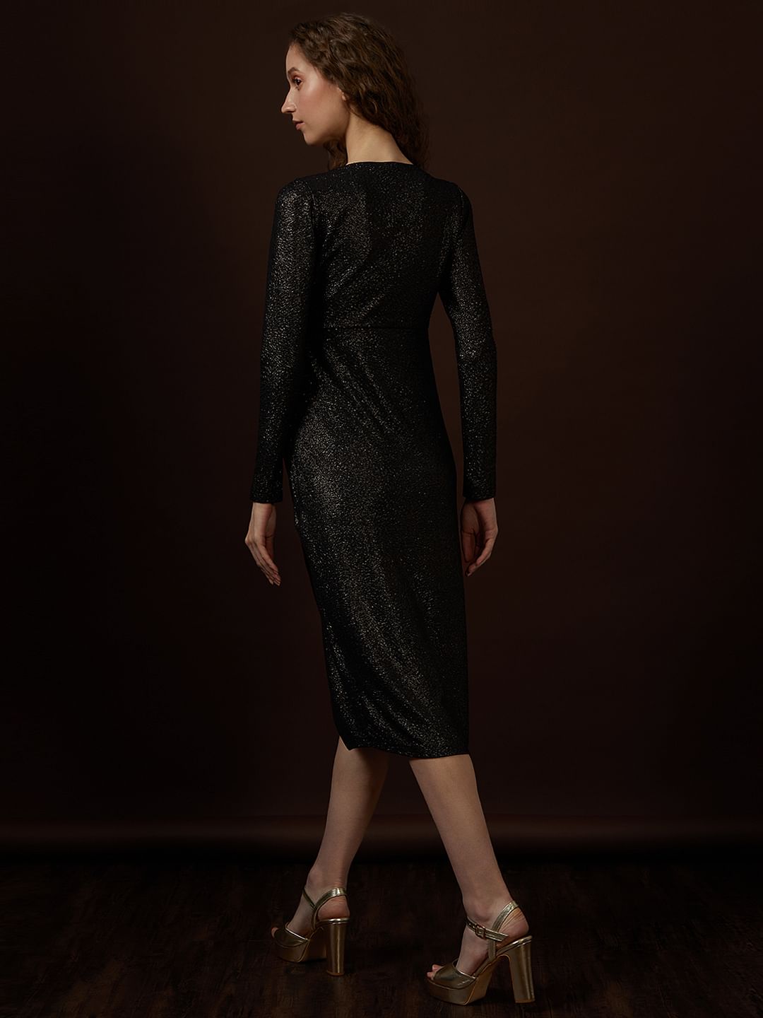 Black Shimmer Mock Wrap Dress