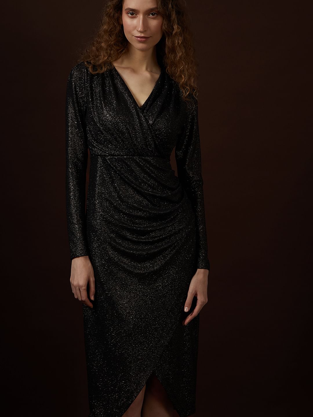 Black Shimmer Mock Wrap Dress