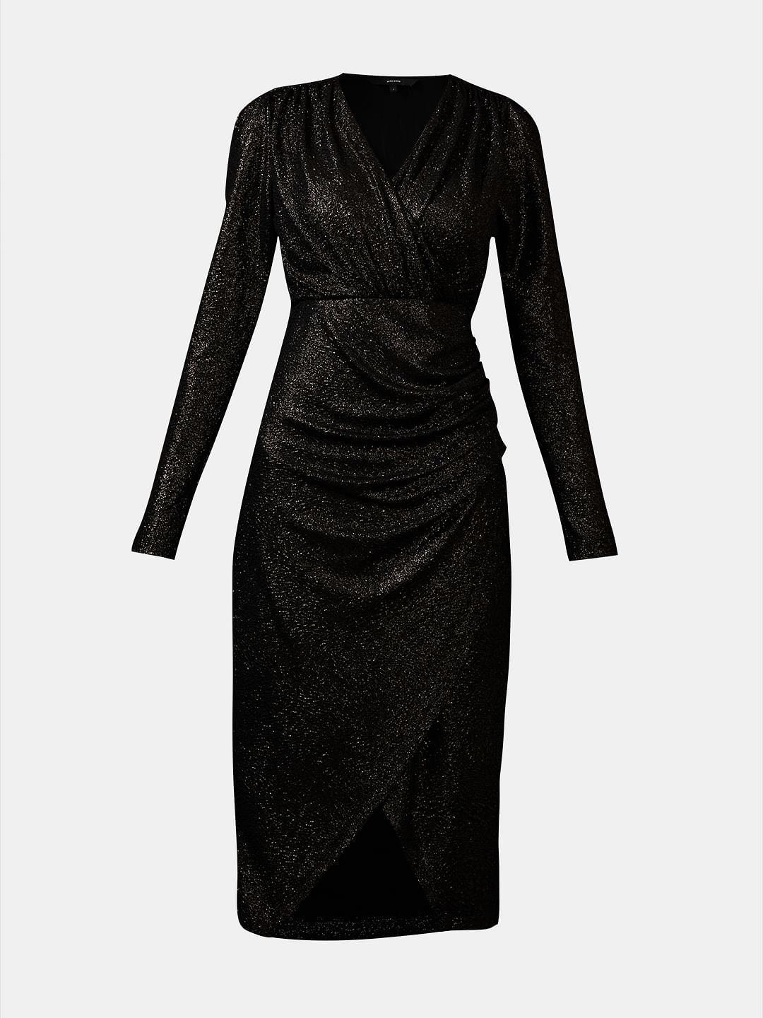 Black Shimmer Mock Wrap Dress
