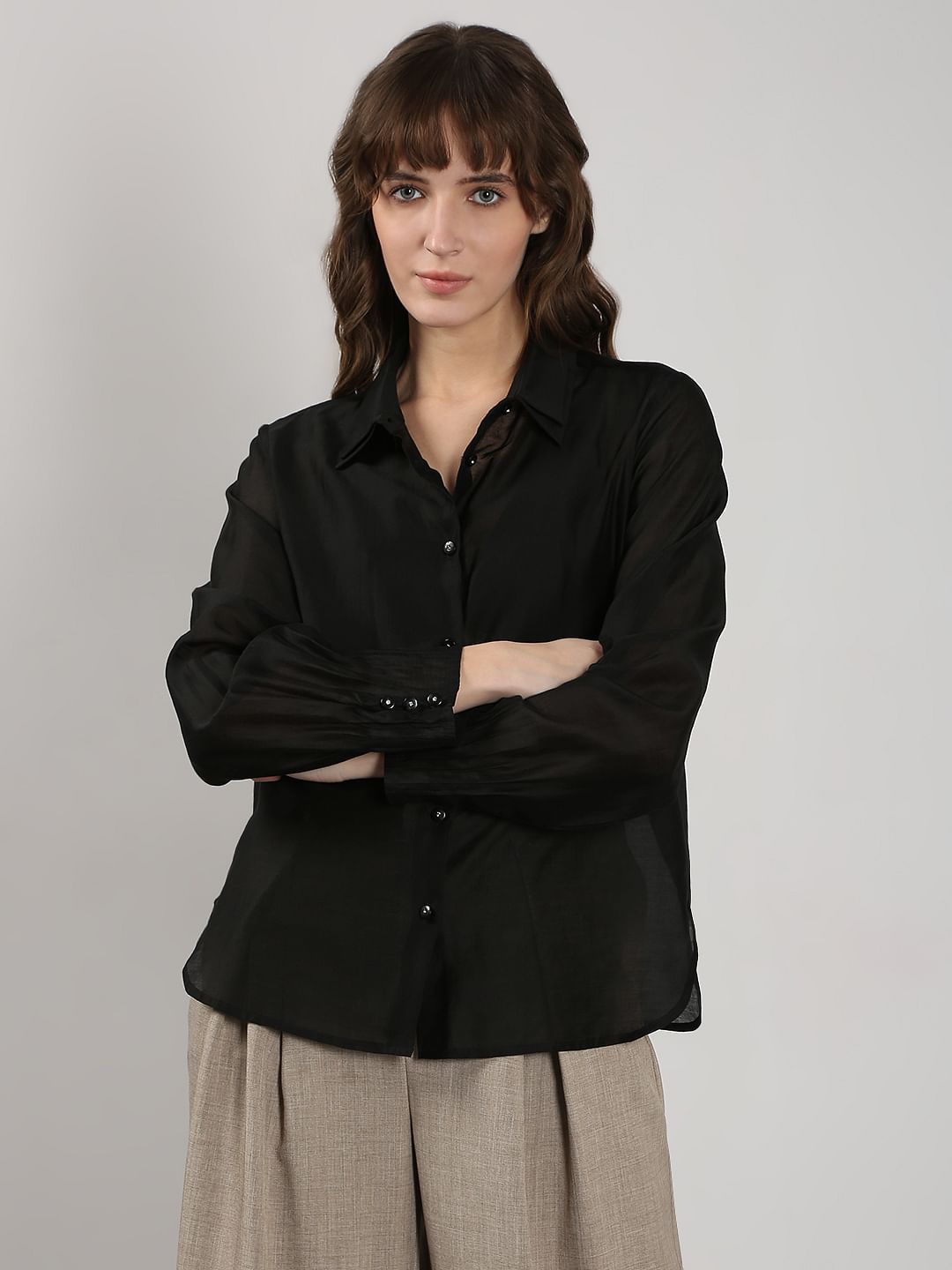 Black Semi Sheer Full Sleeves Shirt