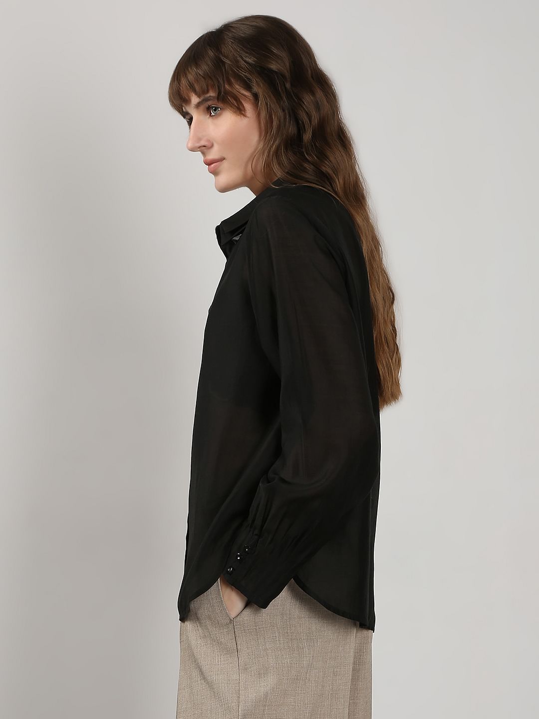 Black Semi Sheer Full Sleeves Shirt
